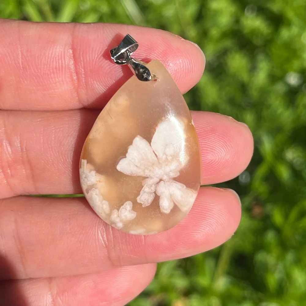 Sterling‎ silver pink butterfly patterm flower agate pendant 0966